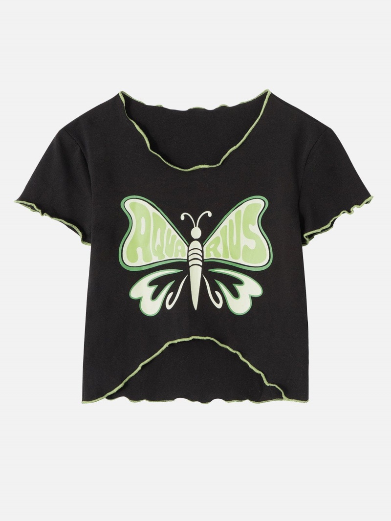 T Shirts Aelfric Eden Butterfly Print Wave Cuffs Tee Vert | PPD-29476146